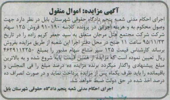 مزایده, مزایده فروش 125 سهام شرکت مجتمع هتل مرجان