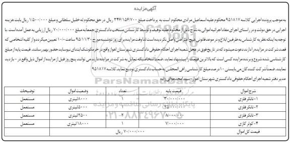 مزایده, مزایده سه مورد تانکر فلزی - کولر گازی 