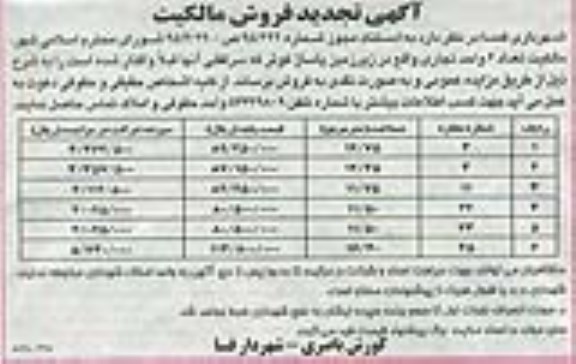 مزایده,مزایده فروش مالکیت تعداد شش واحد تجاری