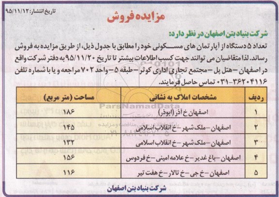 مزایده,مزایده فروش تعداد 5 دستگاه از آپارتمانهای مسکونی