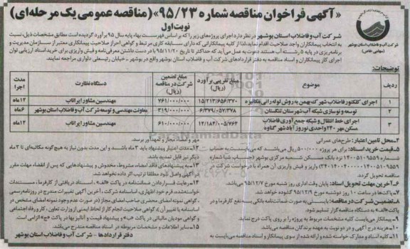 آگهی فراخوان مناقصه , فراخوان مناقصه اجرای کلکتور فاضلاب شهرک و ...