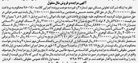 آگهی مزایده, مزایده فروش کابل و سنگ