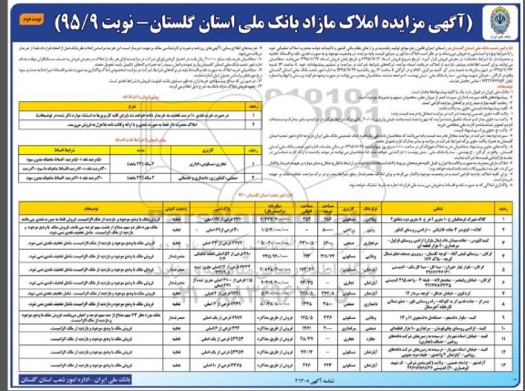 مزایده,مزایده املاک مازاد بانک ملی استان گلستان نوبت دوم