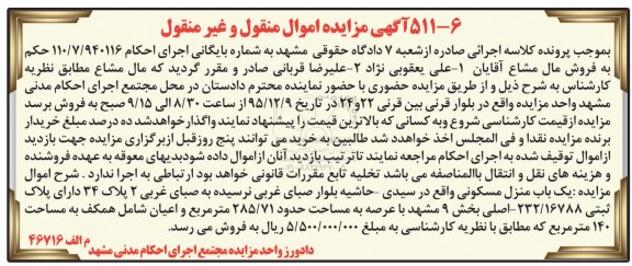 مزایده,مزایده منزل مسکونی با عرصه 285.71مترمربع