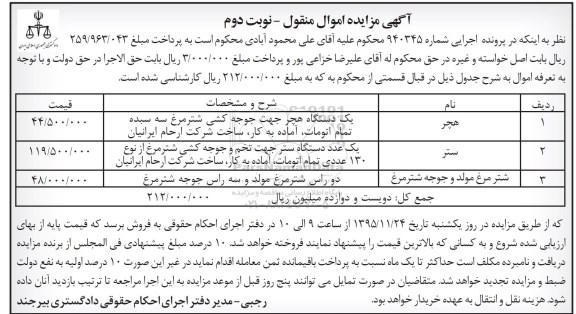 مزایده اموال منقول , مزایده اموال منقول یک دستگاه هچر برای جوجه کشی شترمرغ سه سبده و ... نوبت دوم 