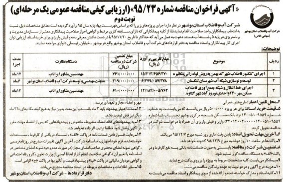 آگهی فراخوان مناقصه , فراخوان مناقصه اجرای کلکتور فاضلاب شهرک و ...نوبت دوم 
