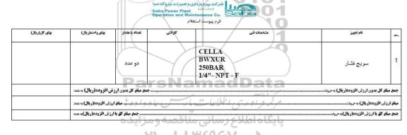 استعلام, استعلام سویچ فشار CELLA BWXUR 250 BAR 