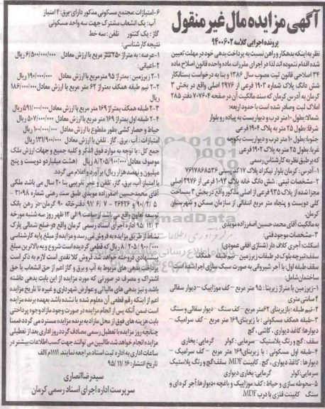 مزایده,مزایده ششدانگ پلاک شماره 1903 فرعی بخش سه کرمان