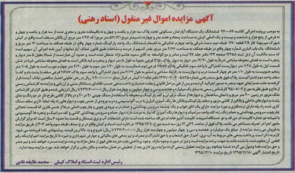 مزایده,مزایده ششدانگ یک آپارتمان مسکونی کلاسه 9400066 