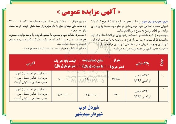 مزایده,مزایده دو قطعه زمین 374.50 و 420 متر
