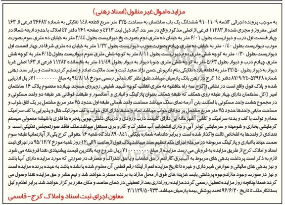 مزایده,مزایده ششدانگ ساختمان مساحت 225مترمربع