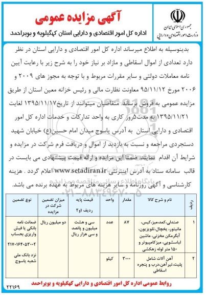 مزایده فروش تعدادی از اموال اسقاطی و مازاد بر نیاز از قبیل صندلی- کمد و...