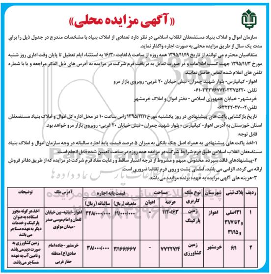 آگهی مزایده محلی , مزایده واگذاری تعدادی از املاک به صورت اجاره
