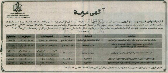 آگهی مزایده,مزایده اجاره تعدادی از رقبات موقوفات حوزه عمل 