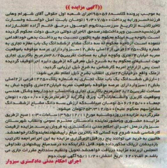 مزایده,مزایده سه دانگ مشاع از ششدانگ یکباب مغازه تجاری