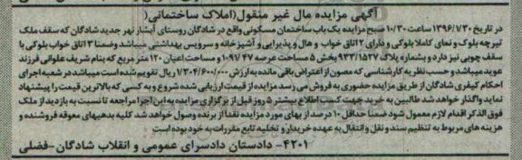 مزایده,مزایده ساختمان مسکونی عرصه 1091.47متر 