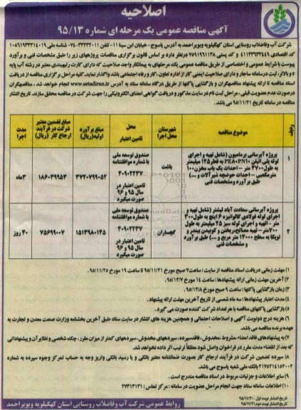 مناقصه , مناقصه پروژه آبرسانی برمامیون- اصلاحیه 