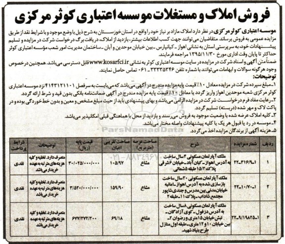 مزایده,مزایده سه دستگاه آپارتمان با عرصه مشاع