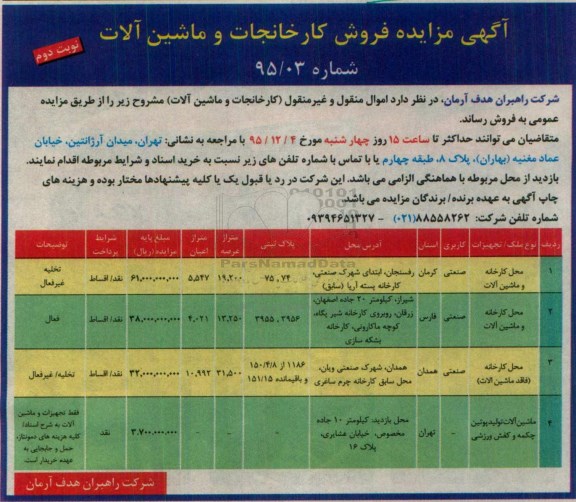 آگهی مزایده, مزایده فروش کارخانجات و ماشین آلات- نوبت دوم