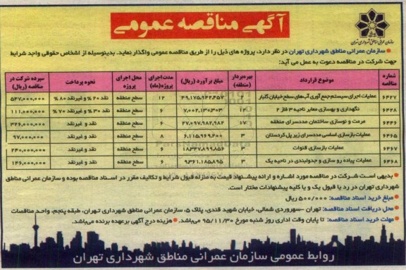 مناقصه , مناقصه عملیات اجرای سیستم جمع آوری آب های سطح خیابان
