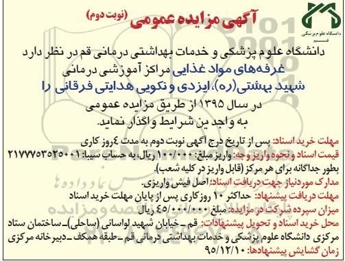 مزایده عمومی, مزایده واگذاری غرفه های مواد غذایی مراکز آموزشی درمانی- نوبت دوم