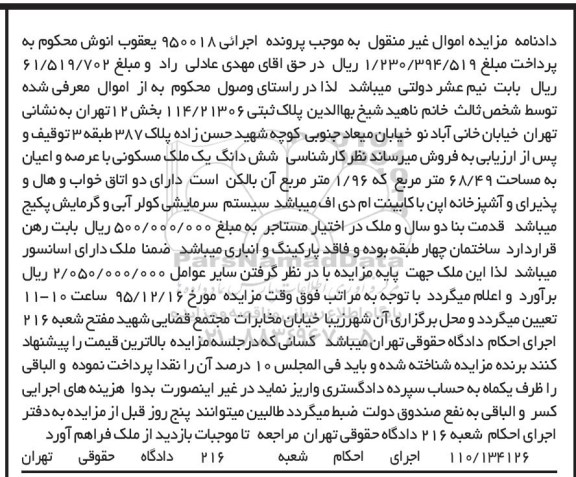 مزایده,مزایده پلاک ثبتی مساحت 68.49متر