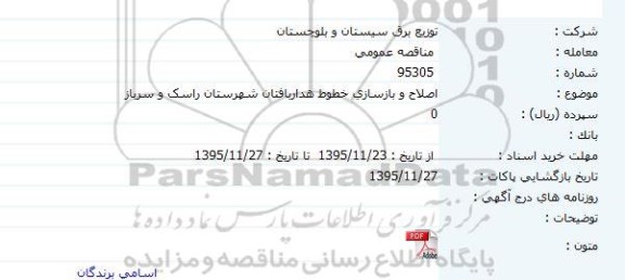 مناقصه اصلاح و بازسازی خطوط هداربافتان شهرستان راسک و سرباز