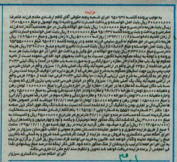 مزایده,مزایده یکباب مغازه با پلاک ثبتی 3043 فرعی
