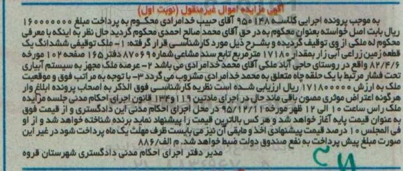 مزایده,مزایده ششدانگ زمین زراعی ابی زار 17180متر