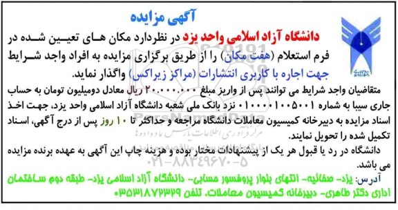 آگهی مزایده, مزایده واگذاری به اجاره هفت مکان با کاربری انتشارات 