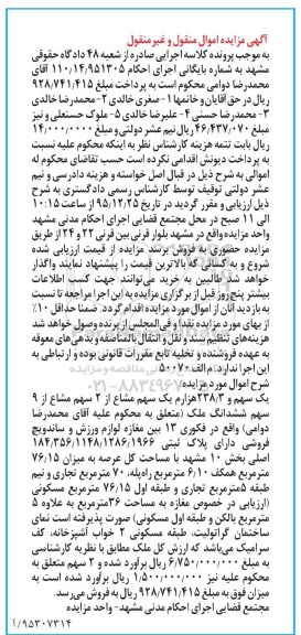 مزایده,مزایده 1 سهم و 238.3 هزارم 1 سهم مشاع از 2 سهم مشاع از نه سهم ملک