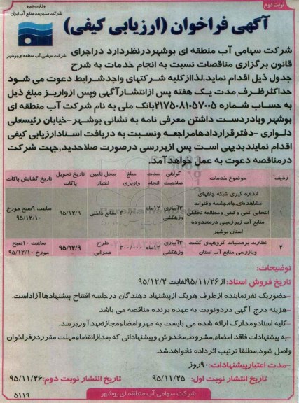 آگهی فراخوان ارزیابی کیفی , فراخوان اندازه گیری شبکه چاههای مشاهده ای , چاه چشمه و قنوات ... نوبت دوم