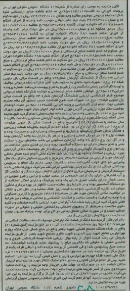 مزایده,مزایده یک واحد آپارتمان مسکونی با مساحت 138/62 مترمریع کلاسه 950114/117