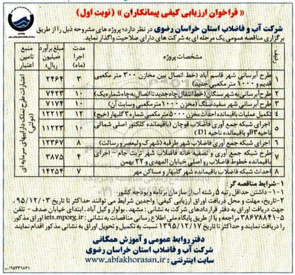 فراخوان , فراخوان ارزیابی کیفی پیمانکاران طرح آبرسانی شهر قاسم آباد ...
