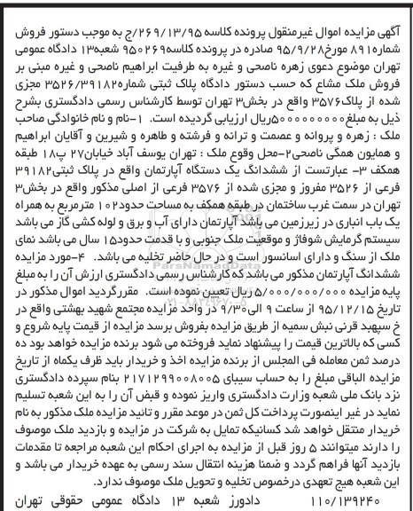 مزایده,مزایده ششدانگ اپارتمان مساحت صد و دو متر