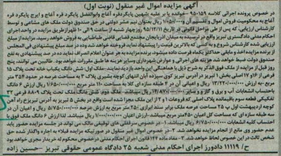 مزایده,مزایده ششدانگ دو قطعه ملک به کلاسه 950159 نوبت اول