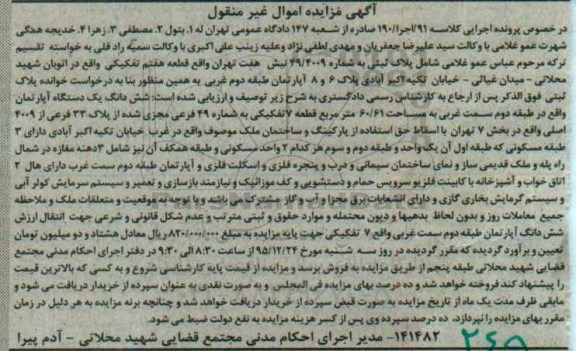 مزایده,مزایده ششدانگ اپارتمان طبقه دوم 60.61متر