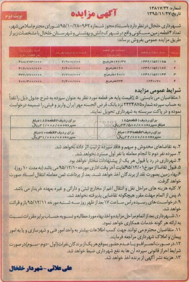 مزایده,مزایده تعداد 4 قطعه زمین نوبت دوم