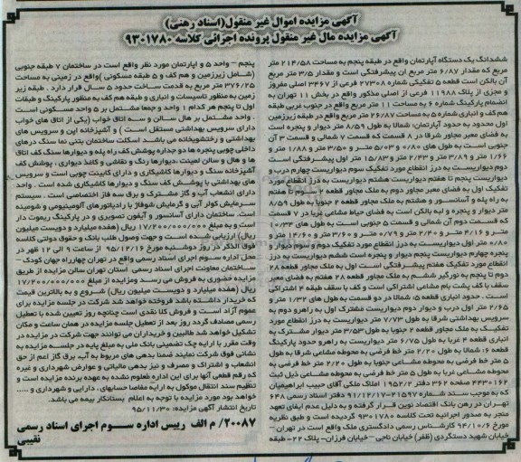 مزایده,مزایده ششدانگ اپارتمان مساحت 214.58متر