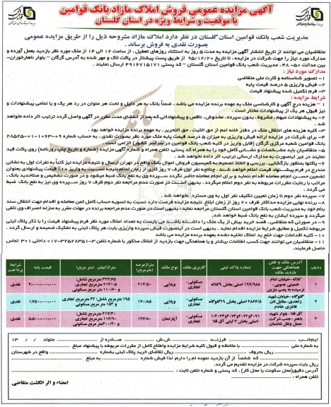 مزایده,مزایده فروش املاک مازاد بانک قوامین
