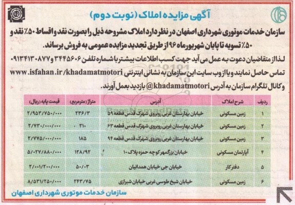 مزایده,مزایده فروش املاک شامل زمین و اپارتمان و دفتر کار نوبت دوم
