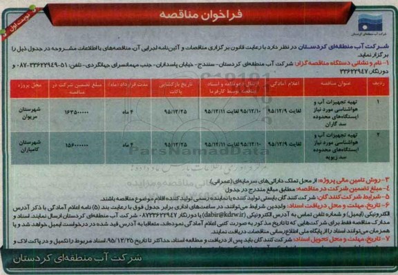 فراخوان مناقصه , فراخوان مناقصه تهیه تجهیزات آب و هواشناسی مورد نیاز ایستگاههای محدوده سد گاران....