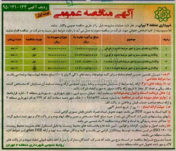 مناقصه ، مناقصه واگذاری فضای سبز و امور مرتبط  نونبت اول 