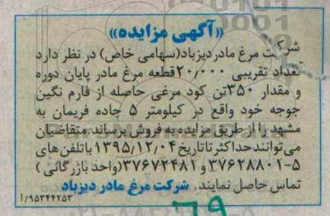 آگهی مزایده,مزایده تعداد تقریبی 20.000 قطعه مرغ مادر