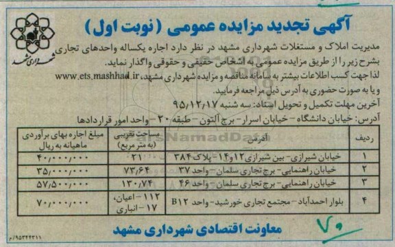 تجدید آگهی مزایده عمومی, مزایده واگذاری اجاره یکساله واحدهای تجاری