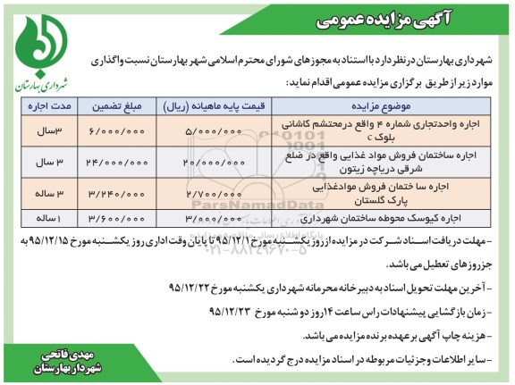 مزایده عمومی , مزایده عمومی اجاره واحد تجاری ، ساختمان فروش مواد غذایی و ... 