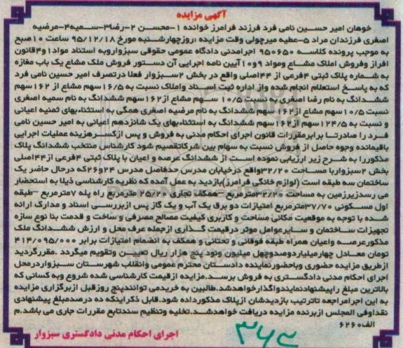 مزایده,مزایده ملک مشاع یکباب مغازه بخش 2 سبزوار