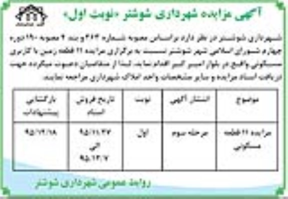 مزایده,مزایده یازده قطعه زمین کاربری مسکونی 