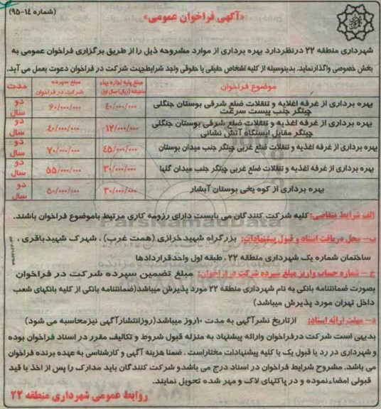 آگهی فراخوان عمومی, فراخوان بهره برداری از غرفه اغذیه و تنقلات