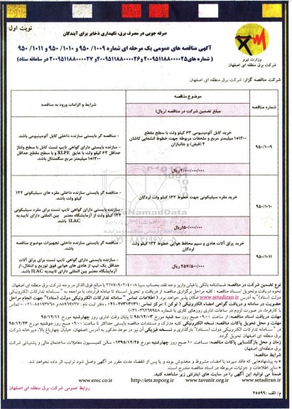 آگهی مناقصه های عمومی, مناقصه خرید کابل آلومینیومی 63 کیلوولت و ...